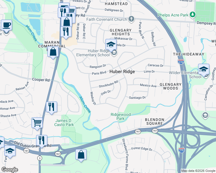 map of restaurants, bars, coffee shops, grocery stores, and more near 3581 Stockholm Road in Westerville