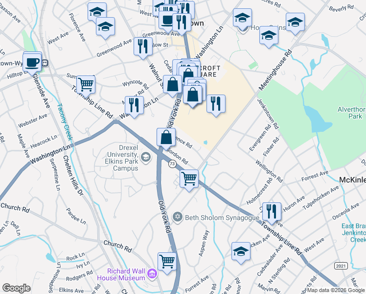 map of restaurants, bars, coffee shops, grocery stores, and more near 1238 Lenox Road in Jenkintown