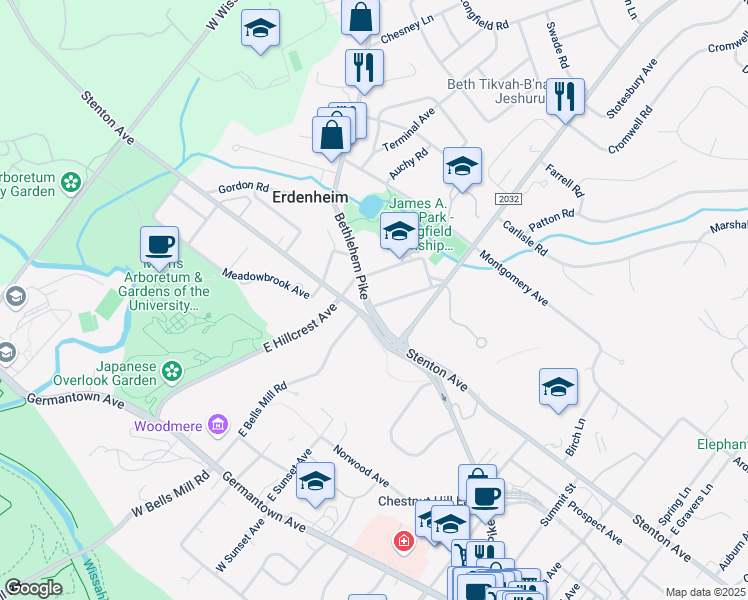 map of restaurants, bars, coffee shops, grocery stores, and more near 400 State Route 2018 in Glenside