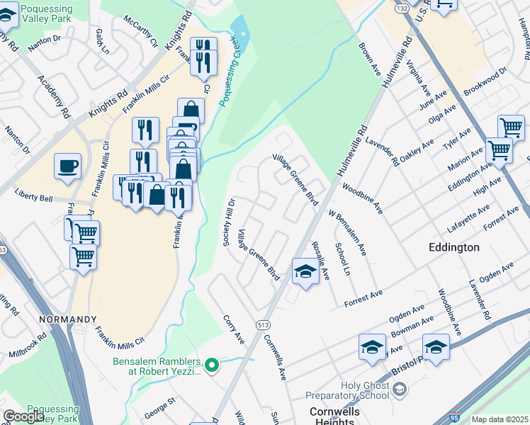 map of restaurants, bars, coffee shops, grocery stores, and more near 1416 Custom House Square in Bucks County