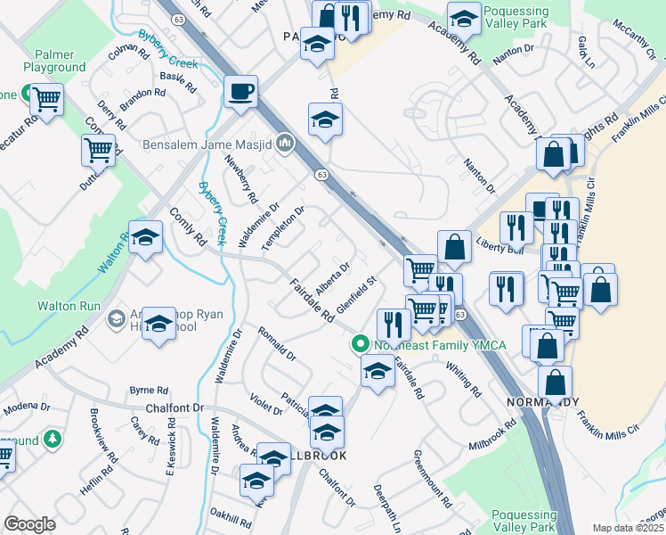 map of restaurants, bars, coffee shops, grocery stores, and more near 3874 Alberta Place in Philadelphia