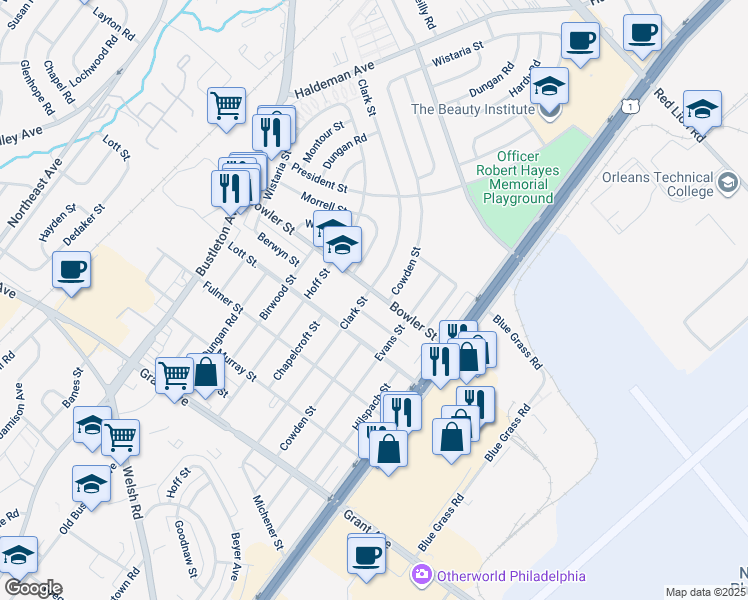map of restaurants, bars, coffee shops, grocery stores, and more near 2102 Bowler Street in Philadelphia