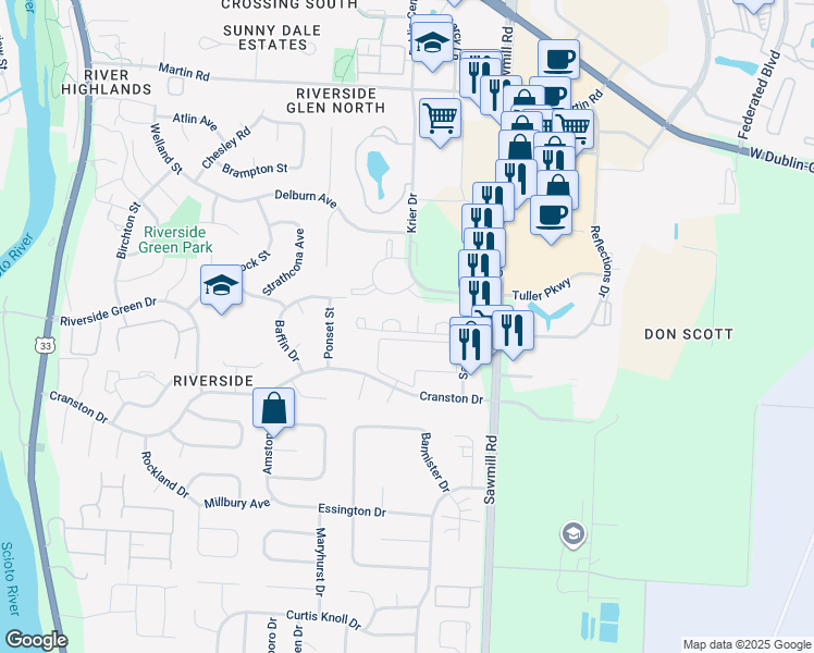 map of restaurants, bars, coffee shops, grocery stores, and more near 2976 Sawdust Lane in Dublin