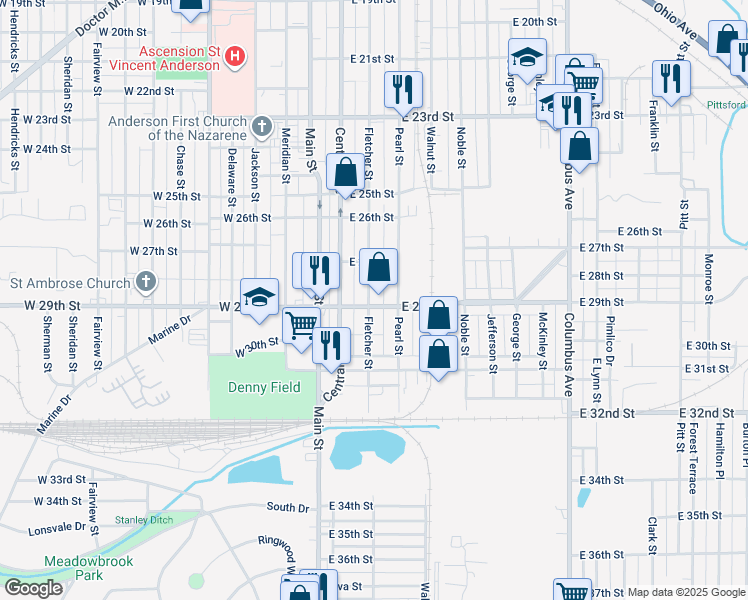 map of restaurants, bars, coffee shops, grocery stores, and more near 302 East 29th Street in Anderson