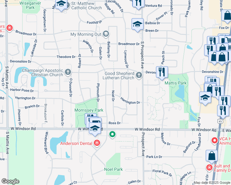 map of restaurants, bars, coffee shops, grocery stores, and more near 1014 Harrington Drive in Champaign
