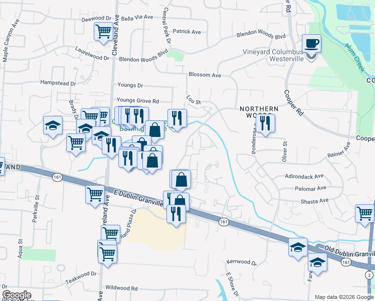 map of restaurants, bars, coffee shops, grocery stores, and more near 5664 Forest Hills Boulevard in Columbus