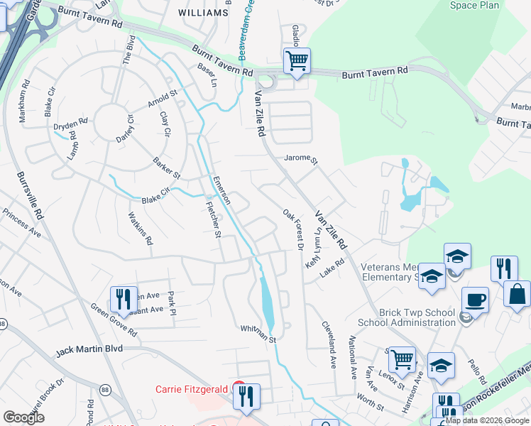 map of restaurants, bars, coffee shops, grocery stores, and more near 18 Phillips Road in Brick Township
