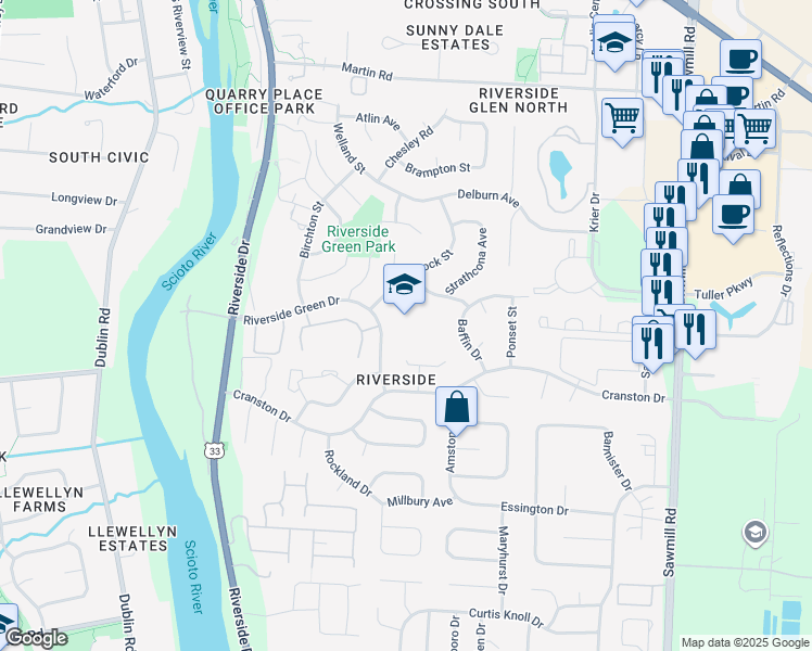 map of restaurants, bars, coffee shops, grocery stores, and more near 3260 Riverside Green Drive in Dublin