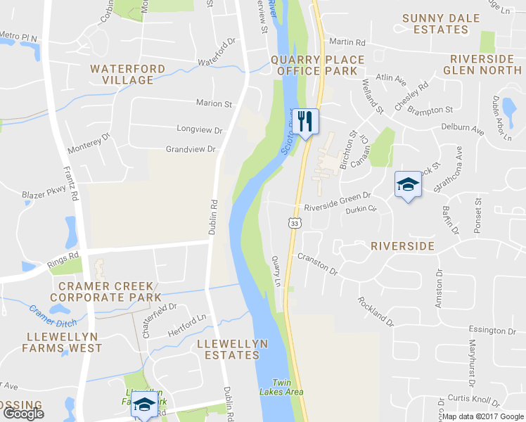 map of restaurants, bars, coffee shops, grocery stores, and more near 6527 Quarry Lane in Dublin