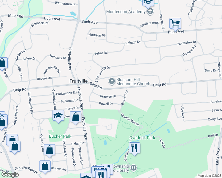 map of restaurants, bars, coffee shops, grocery stores, and more near 333 Delp Road in Lancaster