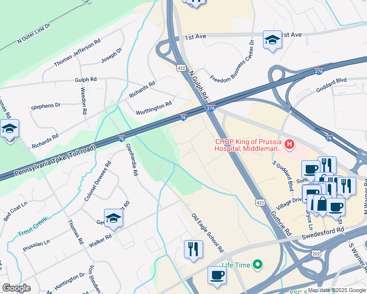 map of restaurants, bars, coffee shops, grocery stores, and more near 288 Drummers Lane in Wayne
