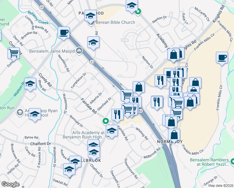 map of restaurants, bars, coffee shops, grocery stores, and more near 3910 Woodhaven Road in Philadelphia