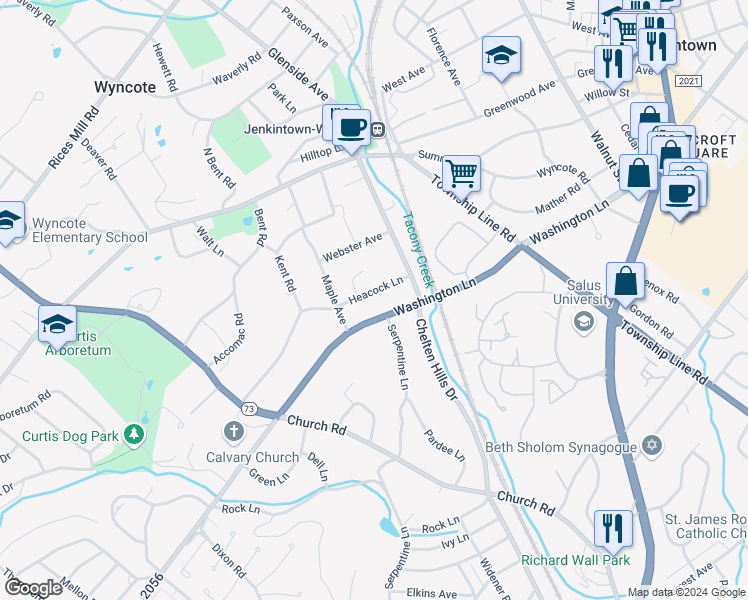 map of restaurants, bars, coffee shops, grocery stores, and more near 132 Heacock Ln in Wyncote