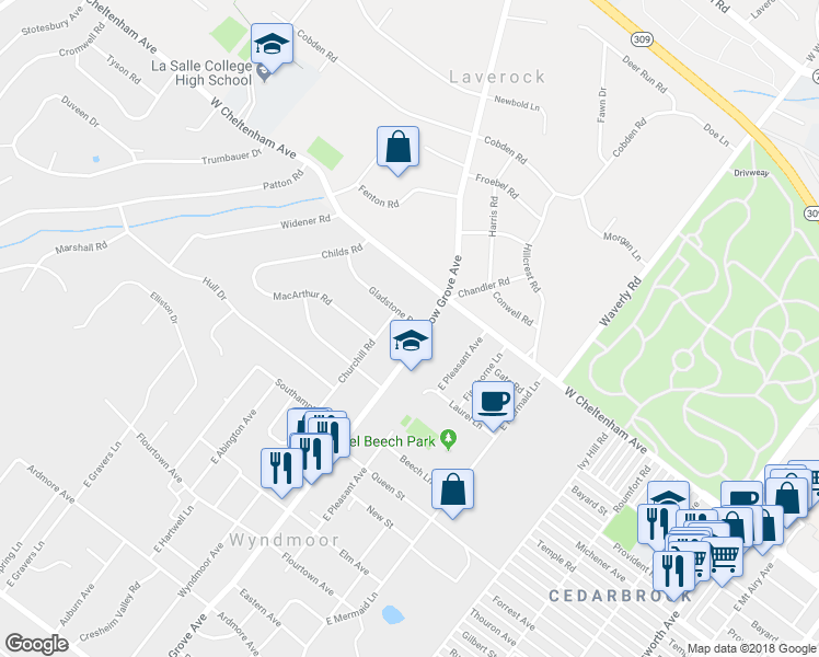 map of restaurants, bars, coffee shops, grocery stores, and more near 8002 Gladstone Road in Wyndmoor