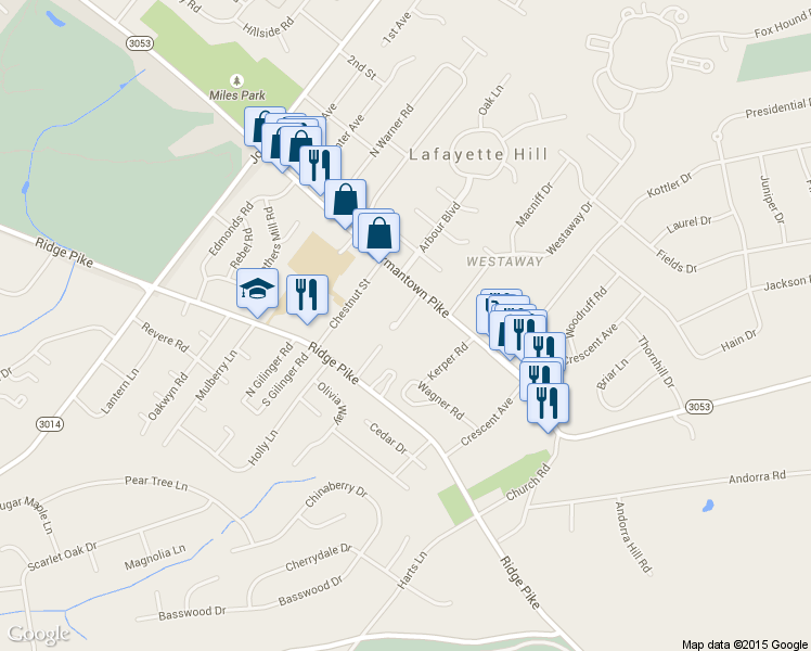 map of restaurants, bars, coffee shops, grocery stores, and more near 3048 Mitchell Court in Lafayette Hill