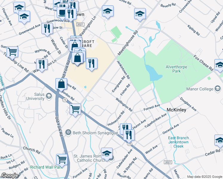 map of restaurants, bars, coffee shops, grocery stores, and more near 310 Evergreen Road in Jenkintown