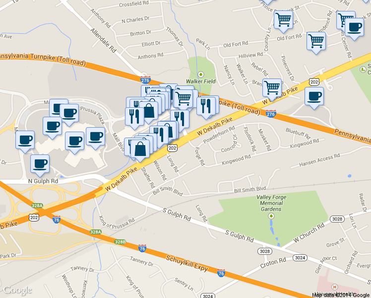 map of restaurants, bars, coffee shops, grocery stores, and more near 611 W Dekalb Pike in King of Prussia