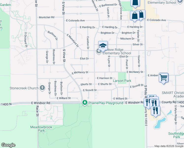 map of restaurants, bars, coffee shops, grocery stores, and more near 607 East McHenry Street in Urbana