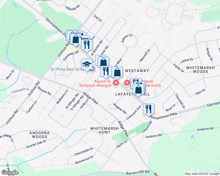 map of restaurants, bars, coffee shops, grocery stores, and more near 3048 Mitchell Court in Lafayette Hill