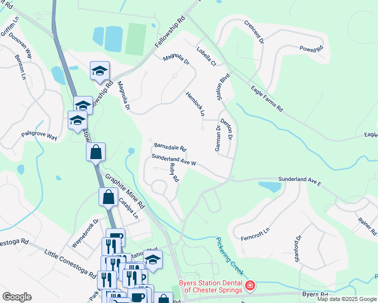 map of restaurants, bars, coffee shops, grocery stores, and more near 702 Barnsdale Road in Chester Springs