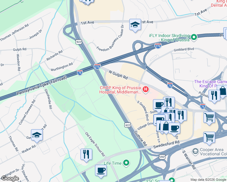 map of restaurants, bars, coffee shops, grocery stores, and more near 1211 Reed Alley in King of Prussia