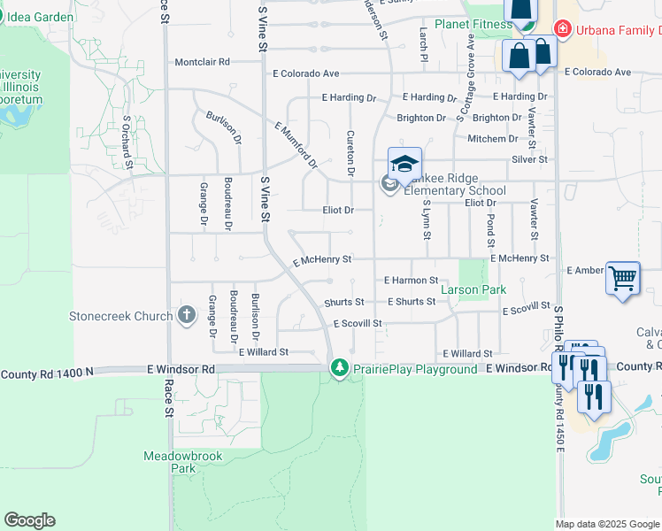 map of restaurants, bars, coffee shops, grocery stores, and more near 501 East McHenry Street in Urbana