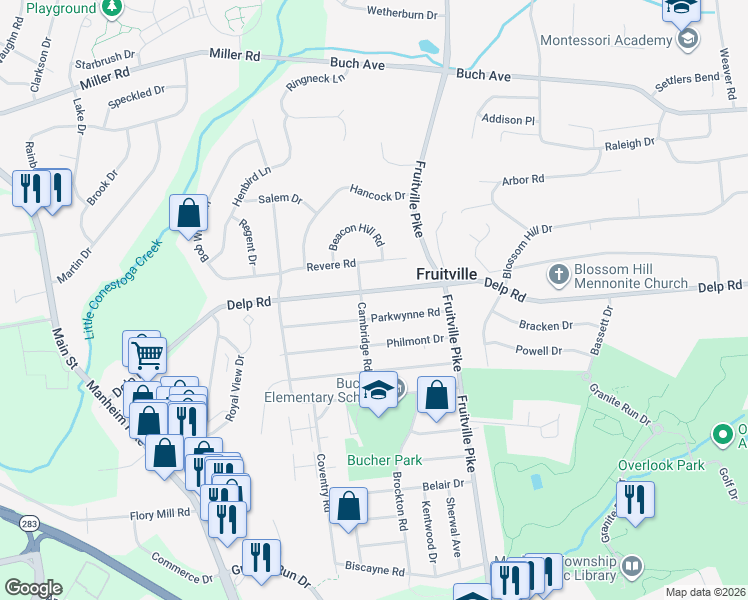 map of restaurants, bars, coffee shops, grocery stores, and more near 442 Delp Rd in Lancaster