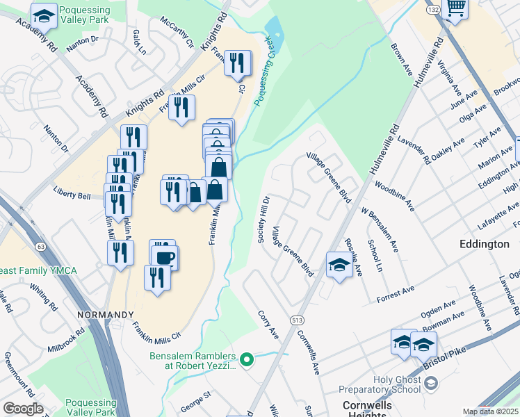 map of restaurants, bars, coffee shops, grocery stores, and more near 1482 Society Hill Drive in Bensalem
