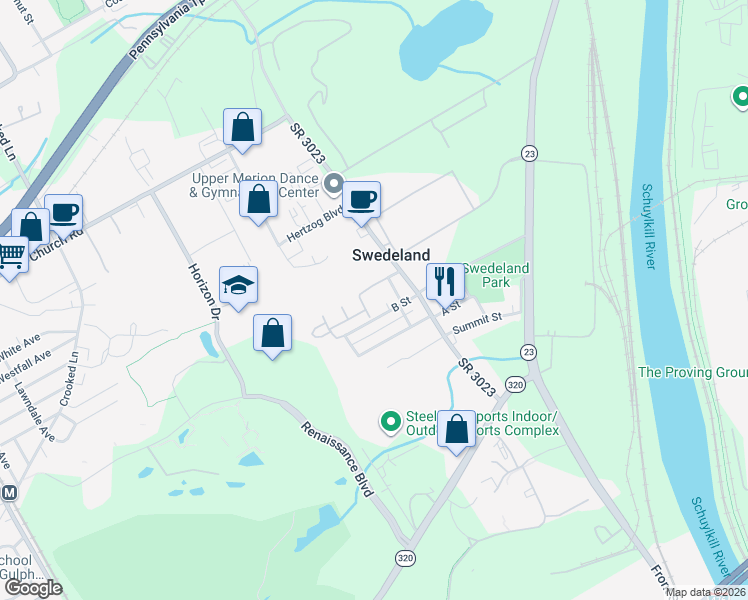 map of restaurants, bars, coffee shops, grocery stores, and more near 572 B Street in King of Prussia