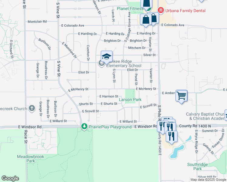 map of restaurants, bars, coffee shops, grocery stores, and more near 903 East McHenry Street in Urbana