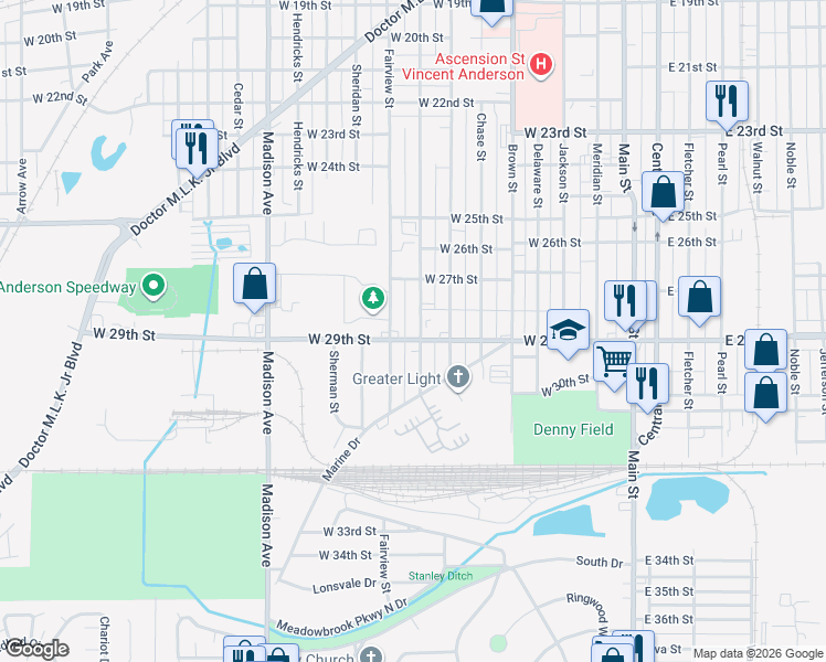 map of restaurants, bars, coffee shops, grocery stores, and more near 2827 Morton Street in Anderson