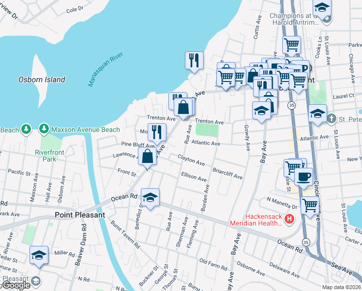 map of restaurants, bars, coffee shops, grocery stores, and more near 907 Rue Avenue in Point Pleasant