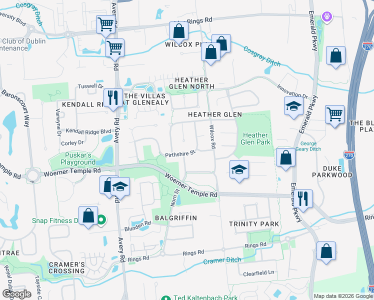 map of restaurants, bars, coffee shops, grocery stores, and more near 6058 Pirthshire Street in Dublin