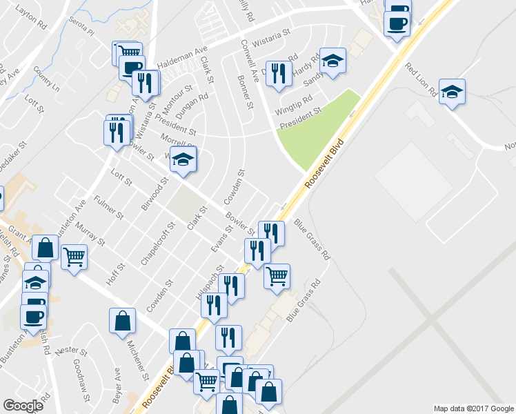 map of restaurants, bars, coffee shops, grocery stores, and more near 9776 Hilspach Street in Philadelphia