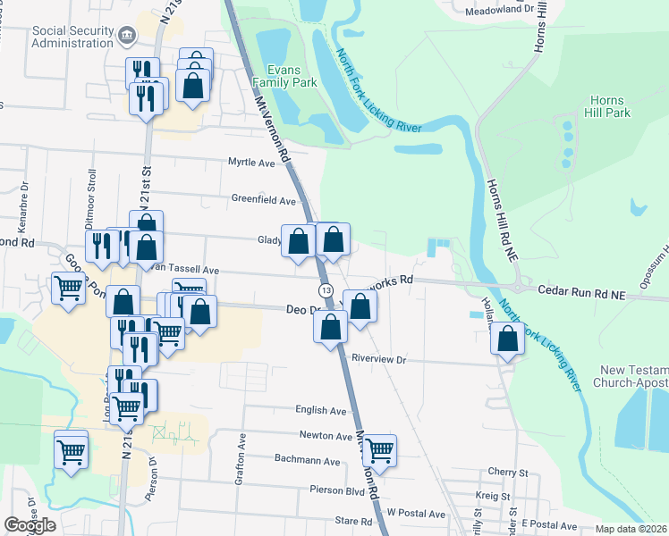 map of restaurants, bars, coffee shops, grocery stores, and more near 36 Old Waterworks Road in Newark