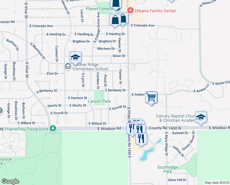 map of restaurants, bars, coffee shops, grocery stores, and more near 1301 East McHenry Street in Urbana