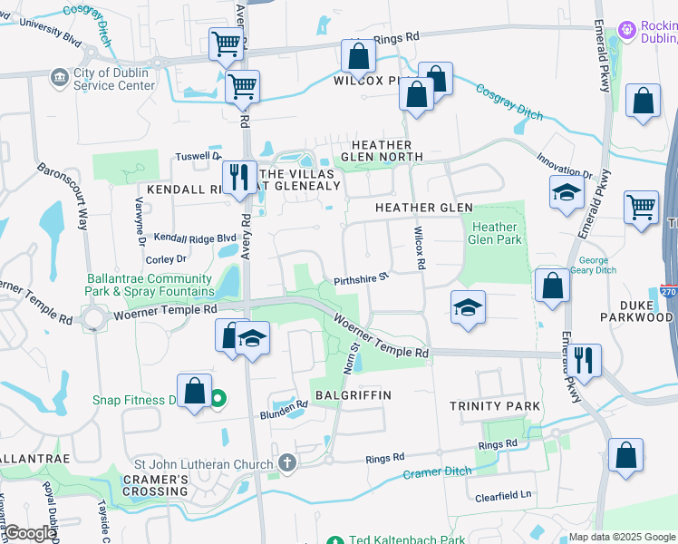 map of restaurants, bars, coffee shops, grocery stores, and more near 6150 Northcliff Boulevard in Dublin