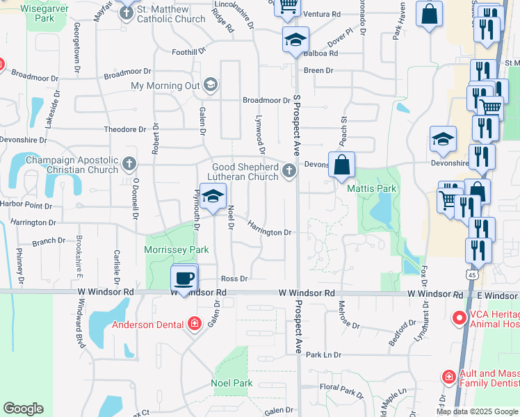map of restaurants, bars, coffee shops, grocery stores, and more near 2119 Lynwood Drive in Champaign