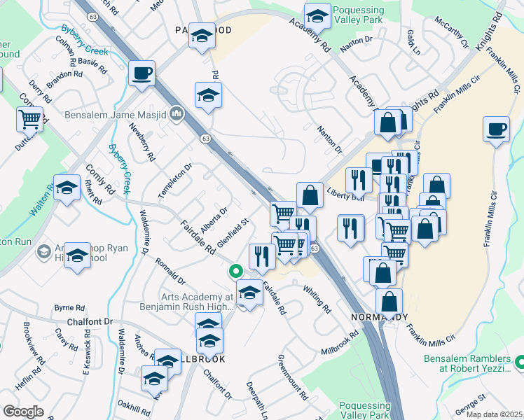 map of restaurants, bars, coffee shops, grocery stores, and more near 3910 Woodhaven Road in Philadelphia