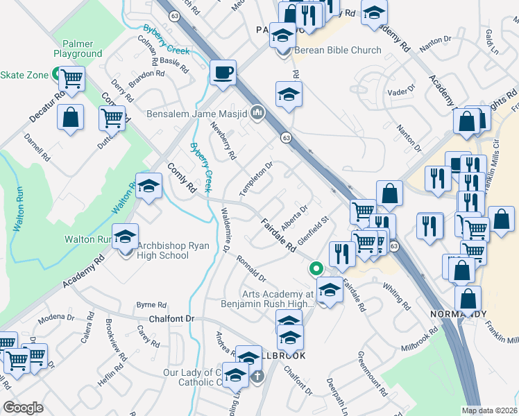 map of restaurants, bars, coffee shops, grocery stores, and more near 3828 Fairdale Road in Philadelphia