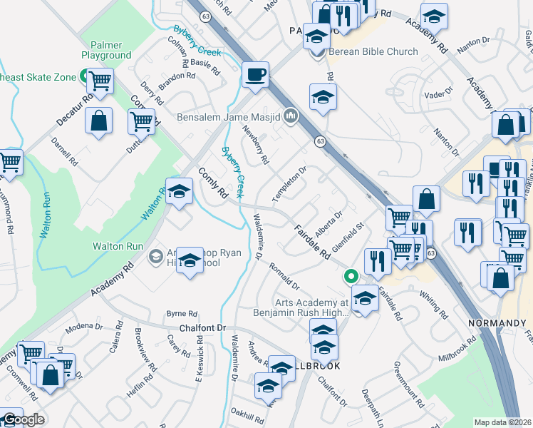 map of restaurants, bars, coffee shops, grocery stores, and more near 11817 Waldemire Drive in Philadelphia