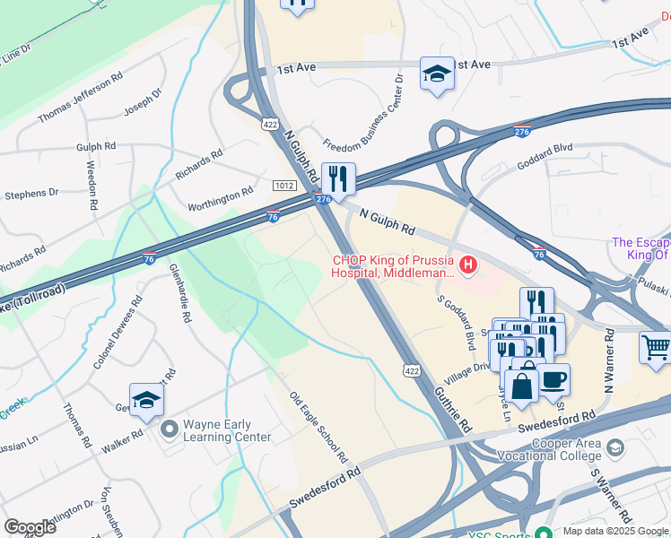 map of restaurants, bars, coffee shops, grocery stores, and more near 36 Drummers Lane in Wayne