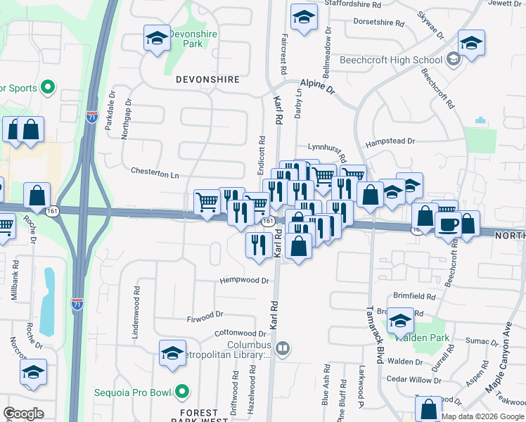 map of restaurants, bars, coffee shops, grocery stores, and more near 1550 East Dublin Granville Road in Columbus