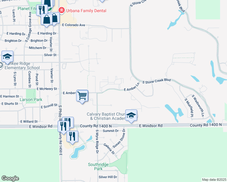 map of restaurants, bars, coffee shops, grocery stores, and more near 1901B East Amber Lane in Urbana