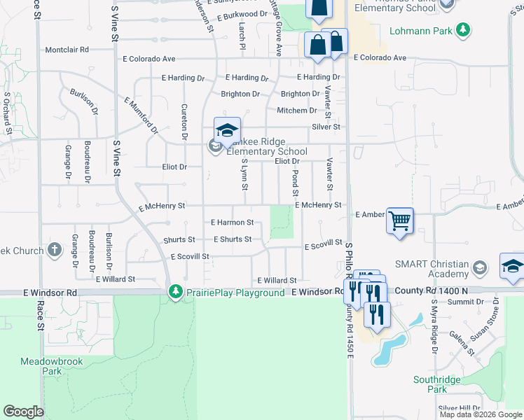 map of restaurants, bars, coffee shops, grocery stores, and more near 1101 East McHenry Street in Urbana