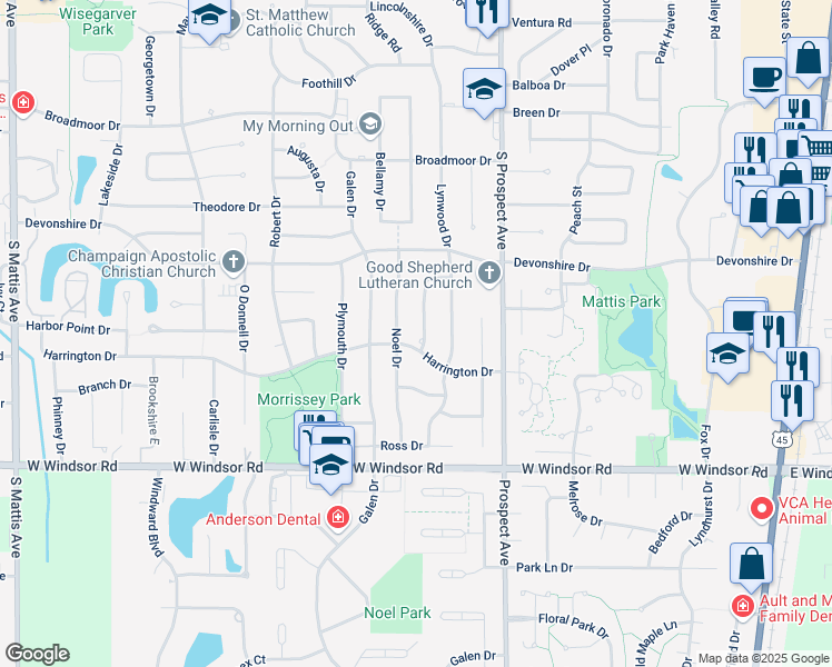map of restaurants, bars, coffee shops, grocery stores, and more near 1014 Harrington Drive in Champaign
