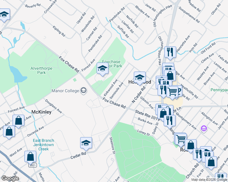 map of restaurants, bars, coffee shops, grocery stores, and more near 634 Seminole Avenue in Jenkintown