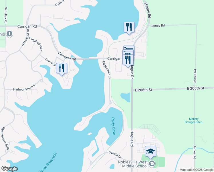 map of restaurants, bars, coffee shops, grocery stores, and more near 125 Edgewater Drive in Noblesville