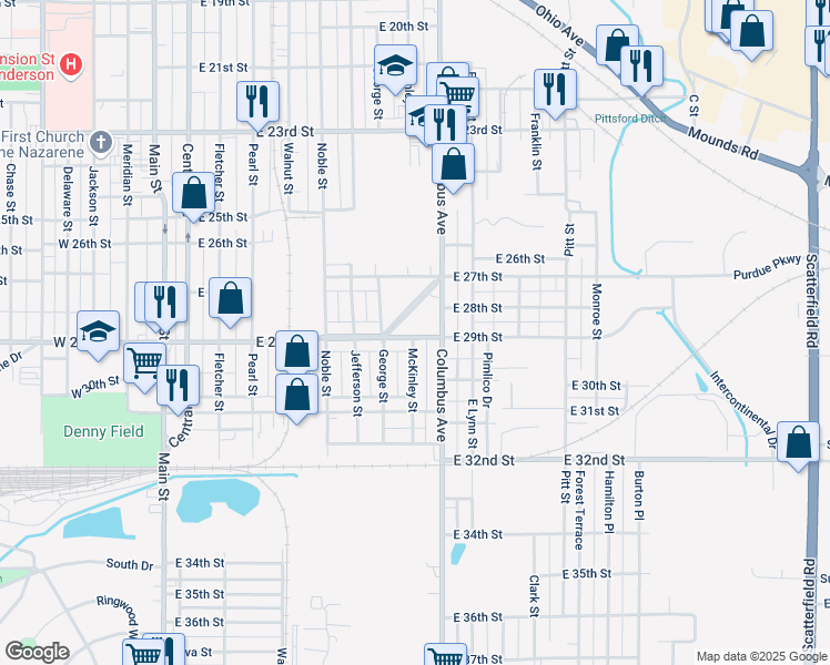 map of restaurants, bars, coffee shops, grocery stores, and more near 908 E 29th St in Anderson