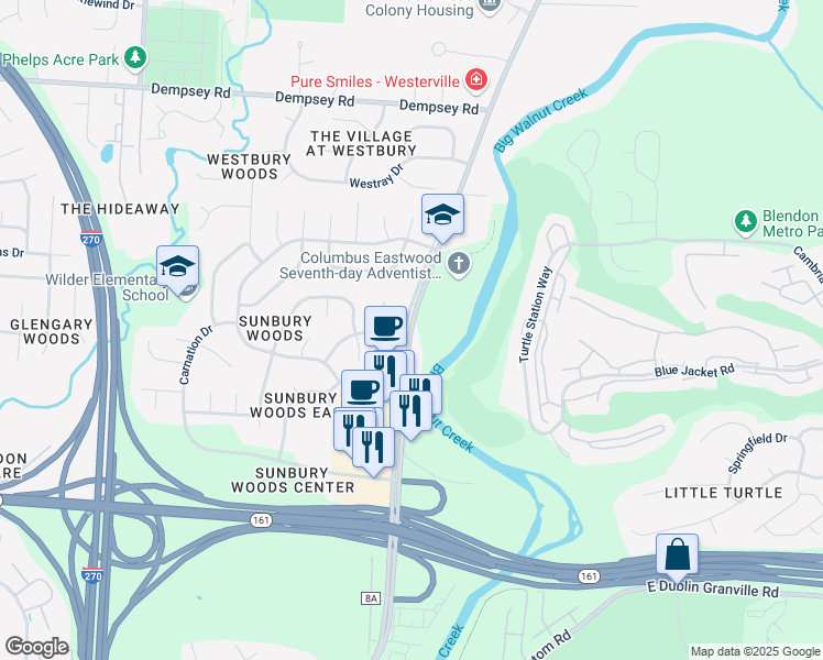 map of restaurants, bars, coffee shops, grocery stores, and more near 6972 Sunbury Road in Westerville